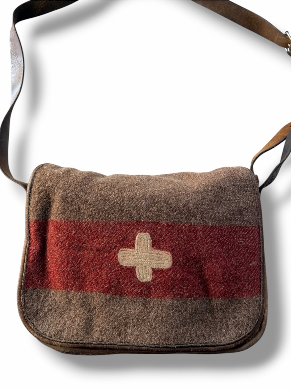 Vintage Swiss Wool Blanket Flap Bag Leather Strap Trim Satchel